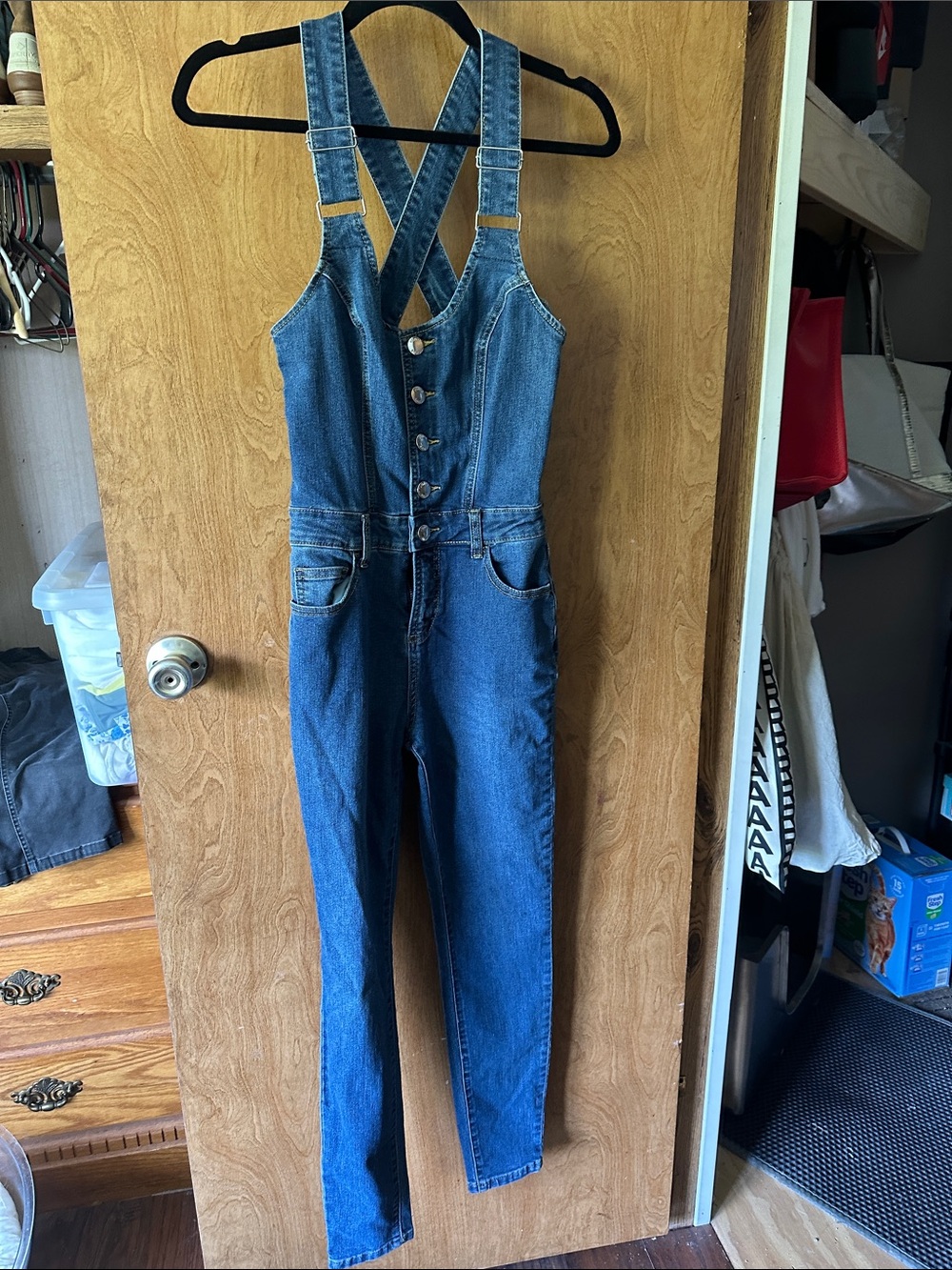 VENUS Dark Blue Denim Button-Front Jumpsuit